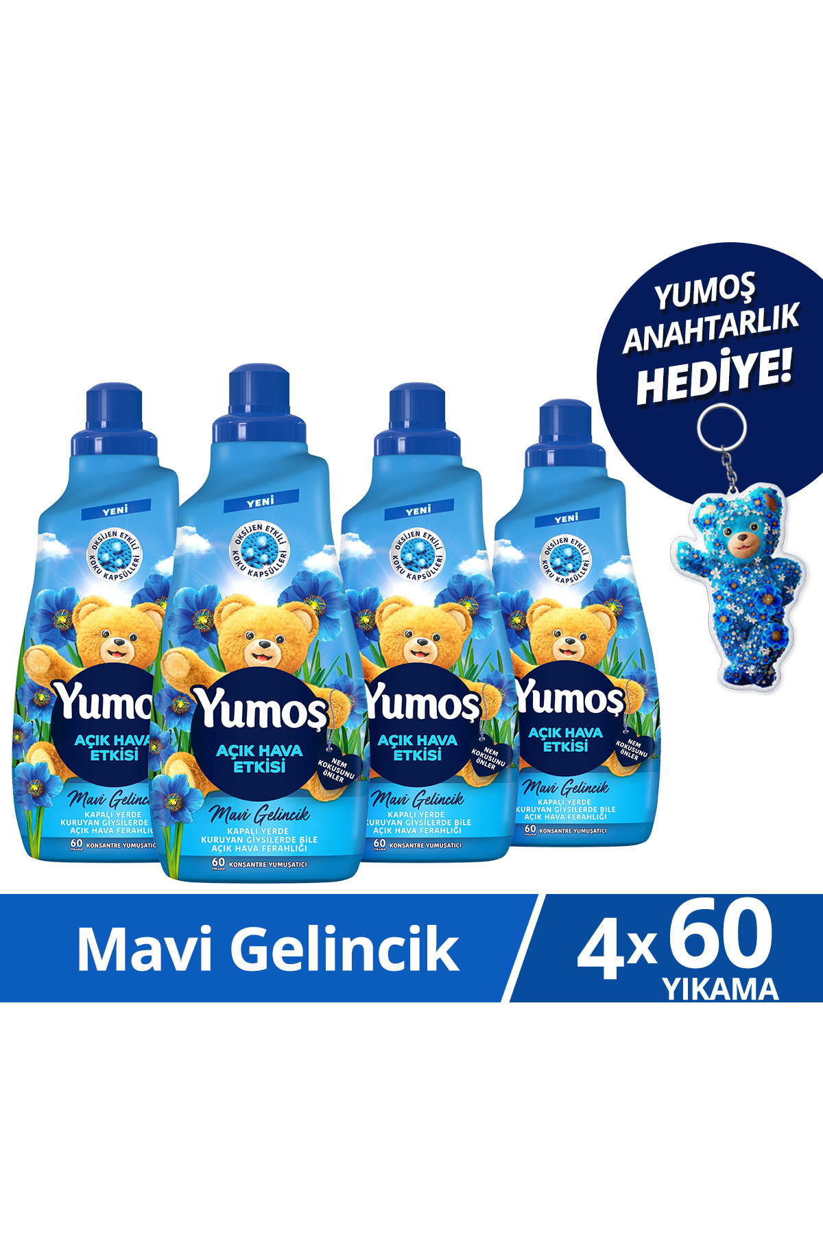 Yumoş Açık Hava Etkisi Konsantre Çamaşır Yumuşatıcısı Mavi Gelincik 1440ml x4 Anahtarlık Hediy