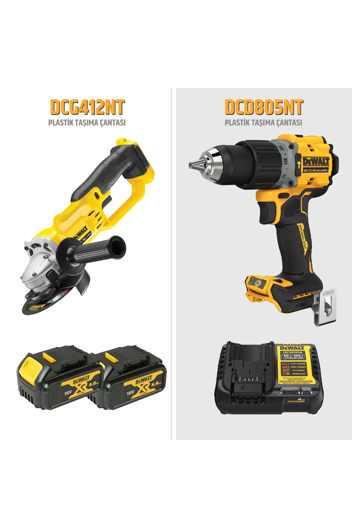 Dewalt DCD805NT 18V Darbeli Matkap + DCG412NT 18V Taşlama + 2 Akülü ...