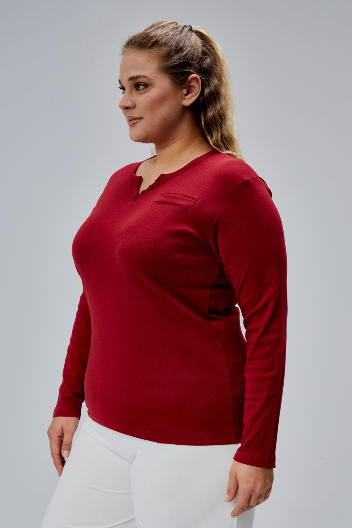 BANEGA  Curve Büyük Beden %100 Pamuklu Likralı Bisiklet Yaka Basic Düz Uzun Kol Bordo Bluz - Görsel 7