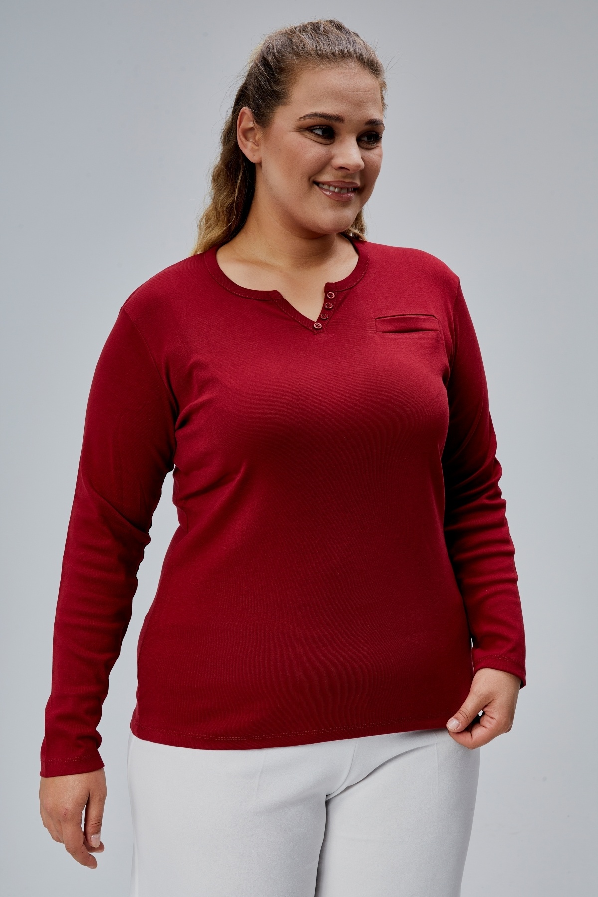 BANEGA  Curve Büyük Beden %100 Pamuklu Likralı Bisiklet Yaka Basic Düz Uzun Kol Bordo Bluz - Görsel 5