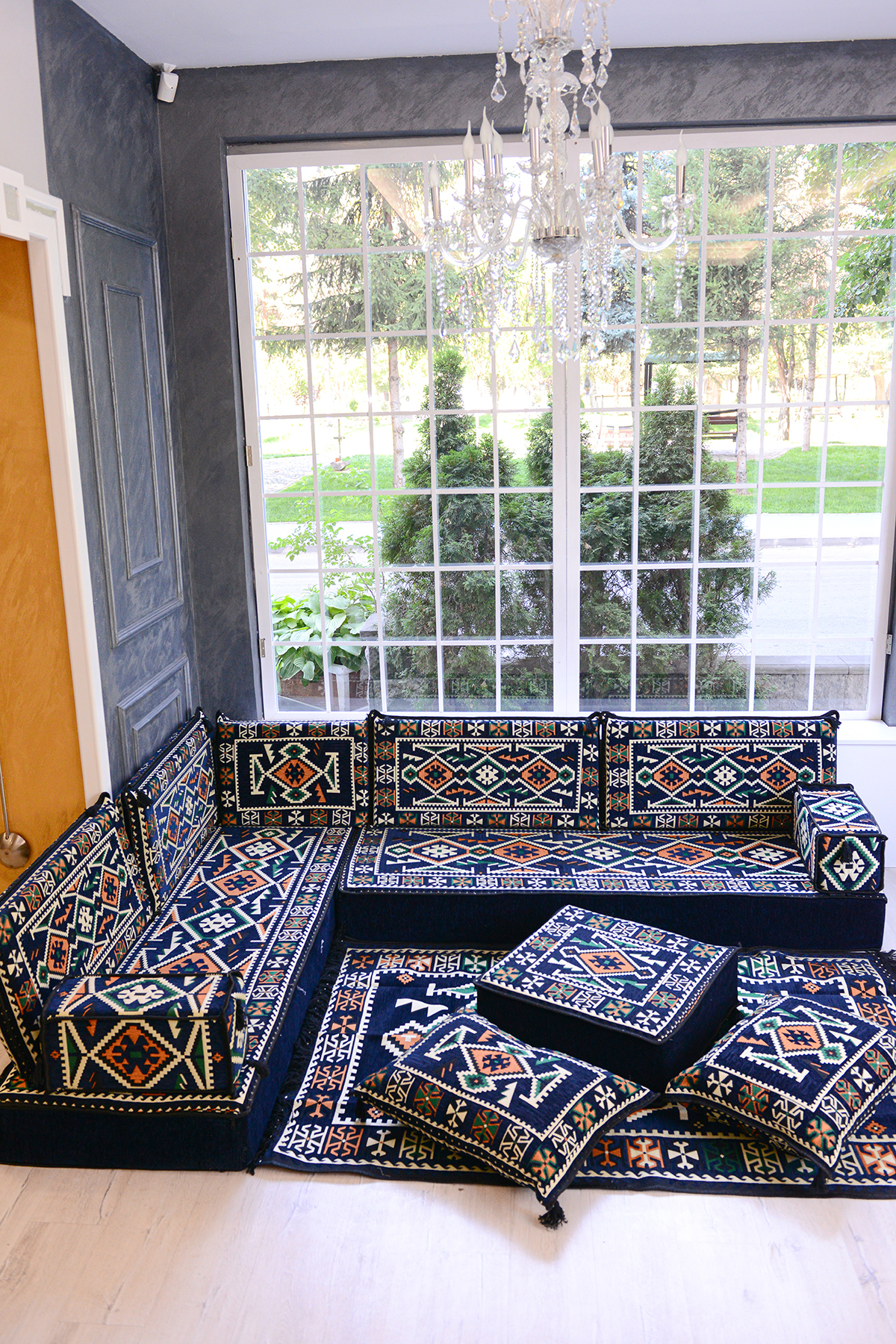 Oriental Corner Set Navy Blue Anatolian Model 13 Pieces (20 CM CUSHION THICKNESS)