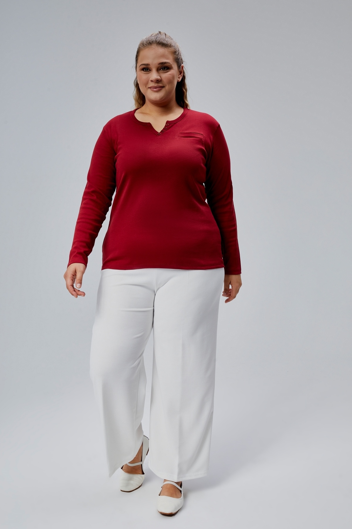 BANEGA  Curve Büyük Beden %100 Pamuklu Likralı Bisiklet Yaka Basic Düz Uzun Kol Bordo Bluz - Görsel 6