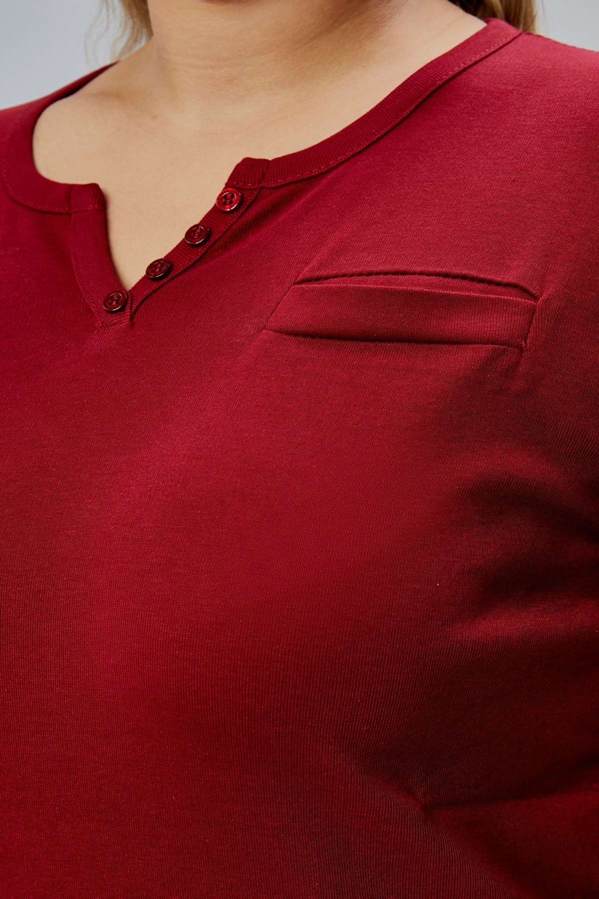 BANEGA  Curve Büyük Beden %100 Pamuklu Likralı Bisiklet Yaka Basic Düz Uzun Kol Bordo Bluz - Görsel 3