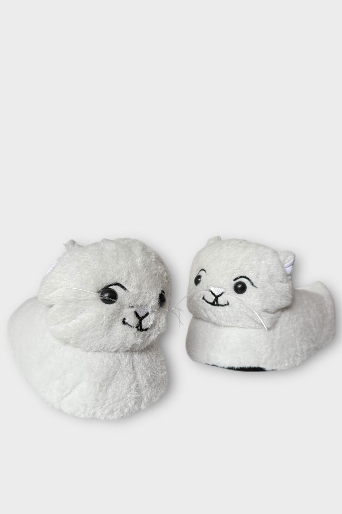 Liger Kadın Sevimli Kedi Figürlü Peluş Panduf BEYAZ görsel 3