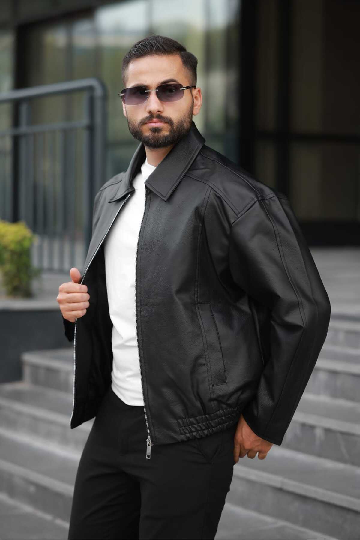 KOCCI Yeni Sezon Oversize Bomber Tarz Klasik Yaka Trend Erkek Deri Ceket