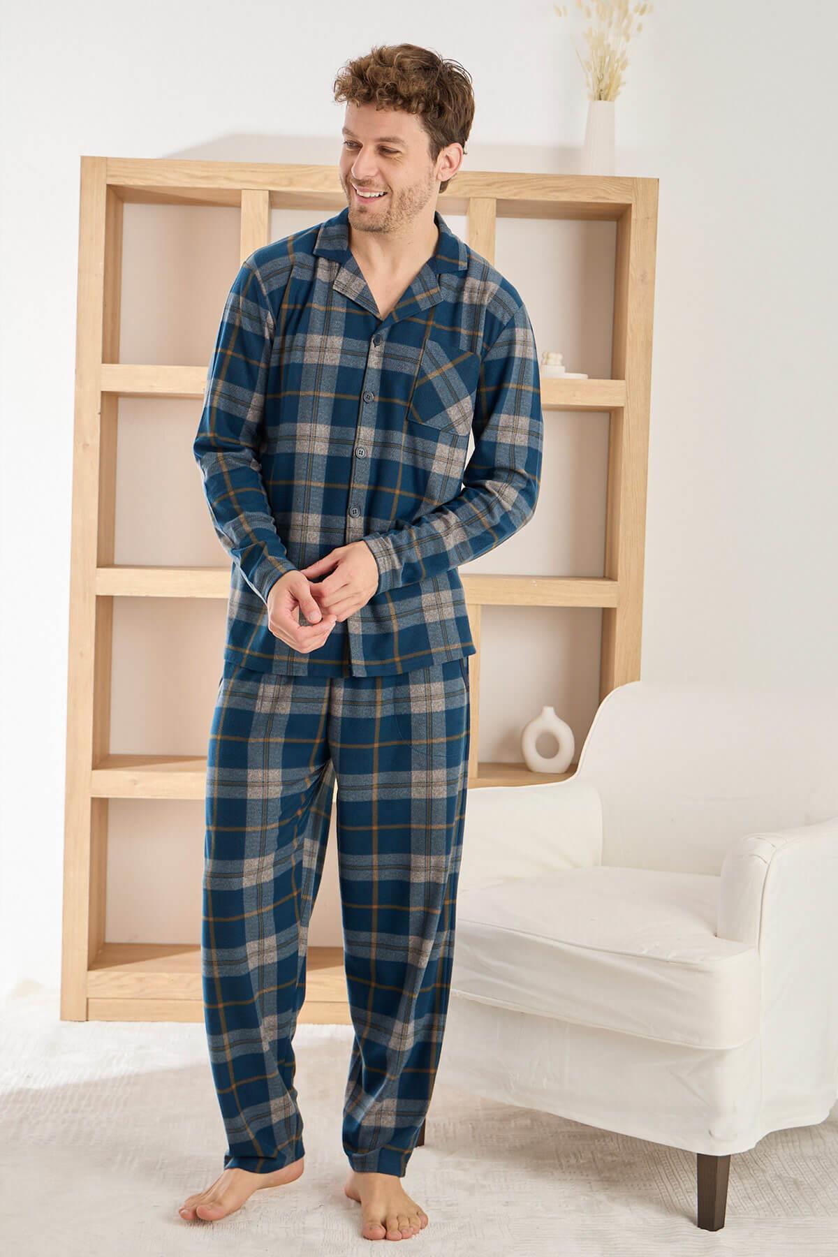 Pijamaevi Açık Lacivert Ekose Desenli Önden Düğmeli Elegant Erkek Pijama Takımı görsel 2