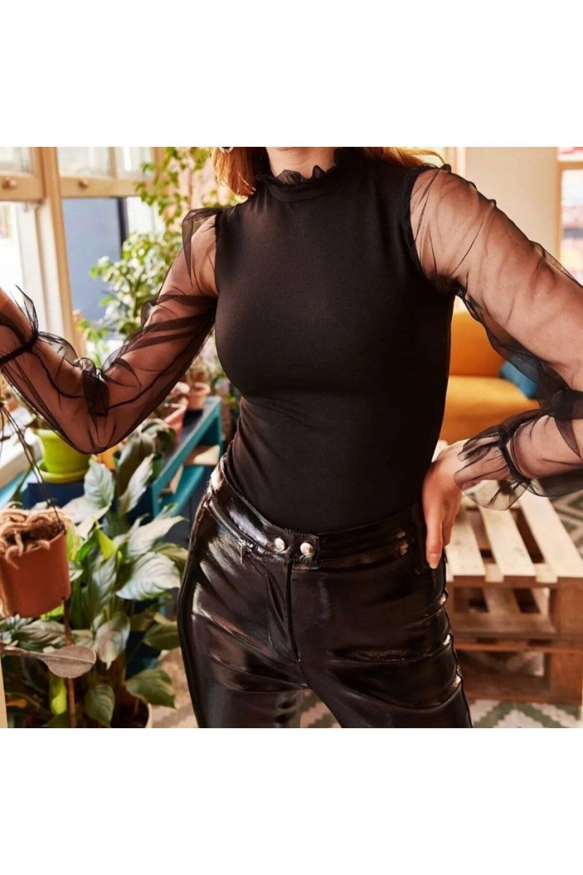 modamtn Kadın Kolları Tül Detaylı örme Krep Kumaş Bluz