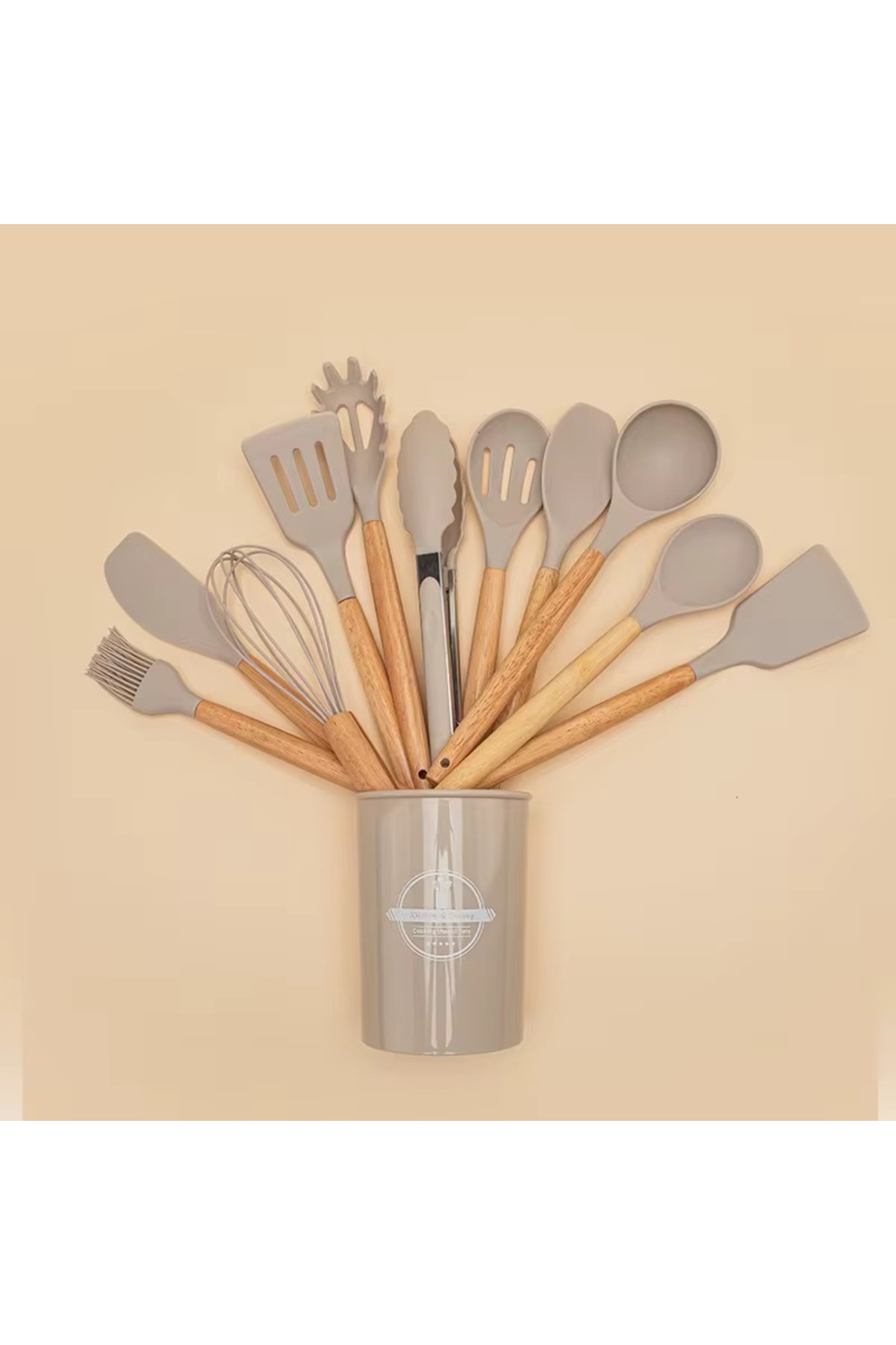 13-Piece Silicone Colander Scoop Beater Spoon Brush Spatula Tongs Serving Set Kitchen Set with Bamboo Handle