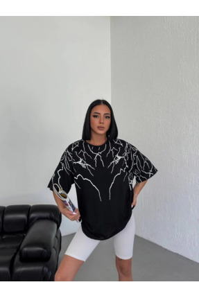 medi pazarlama Kadın Yıldırım şimşek Baskılı T-Shirt Kısa Kol Bisiklet Yaka O...