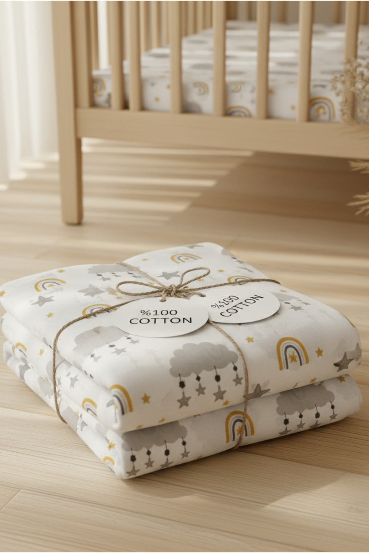 pistore %100 Pamuk Ranforce Lastikli Çarşaf Seti - Gri Bulut Desenli Park Yatak 70x120 35x45 fotoğrafı 2 (önizleme)