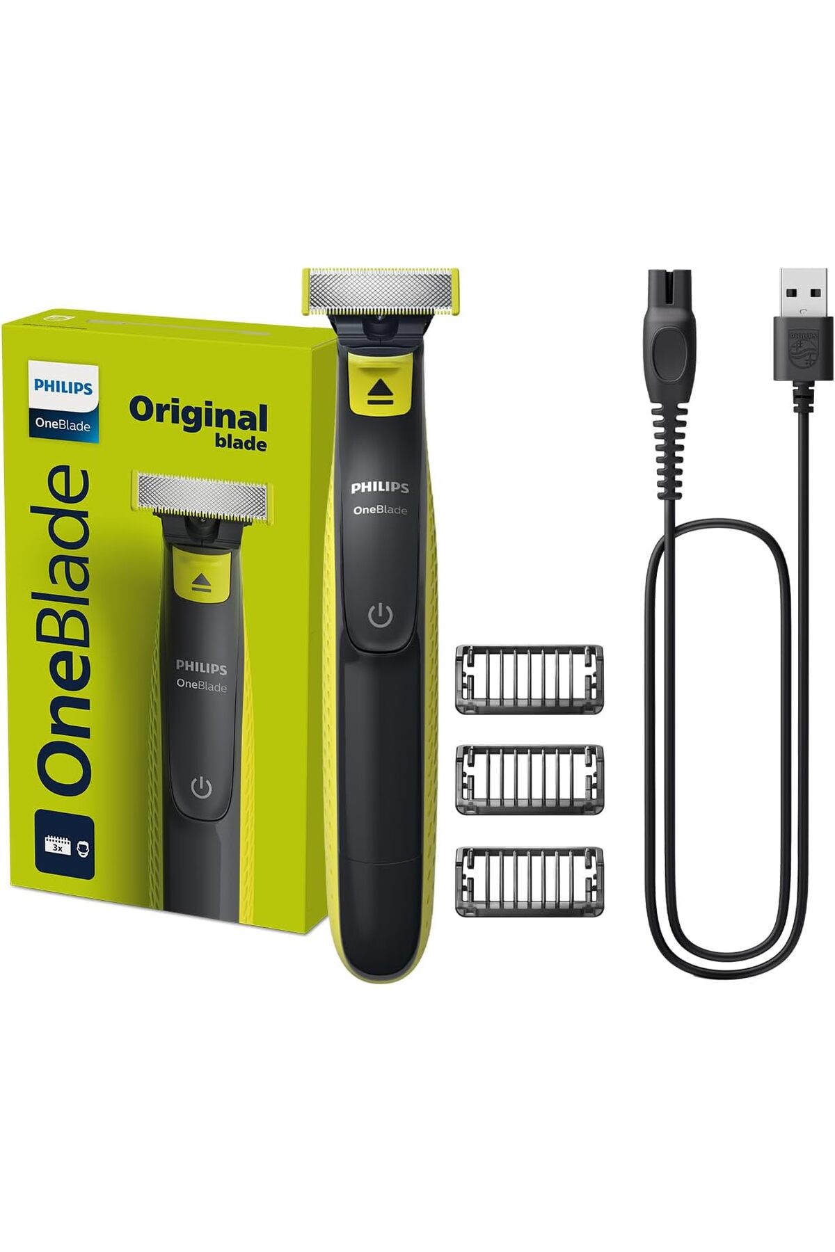 OneBlade QP2724/10 تشذيب وتحديد الحواف والحلاقة لأي طول شعر، 3 أمشاط للحية الخفيفة، شفرة مزدوجة الجو