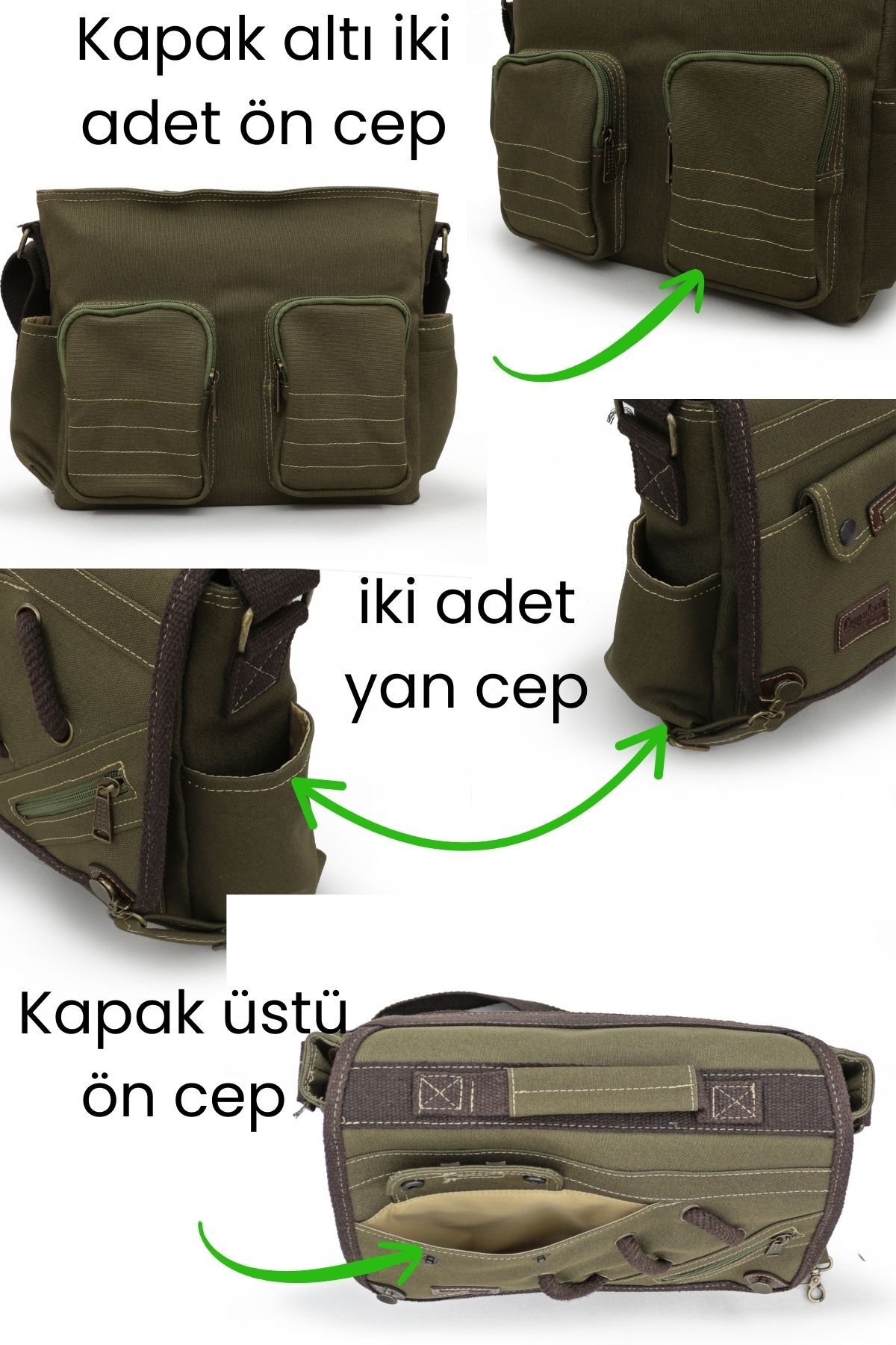Cappadocia Vintage 4017 Haki 14" Laptop Kanvas Postacı Okul Çantası Unisex Kilitli Çok Cepli Omuz Askılı görsel 5