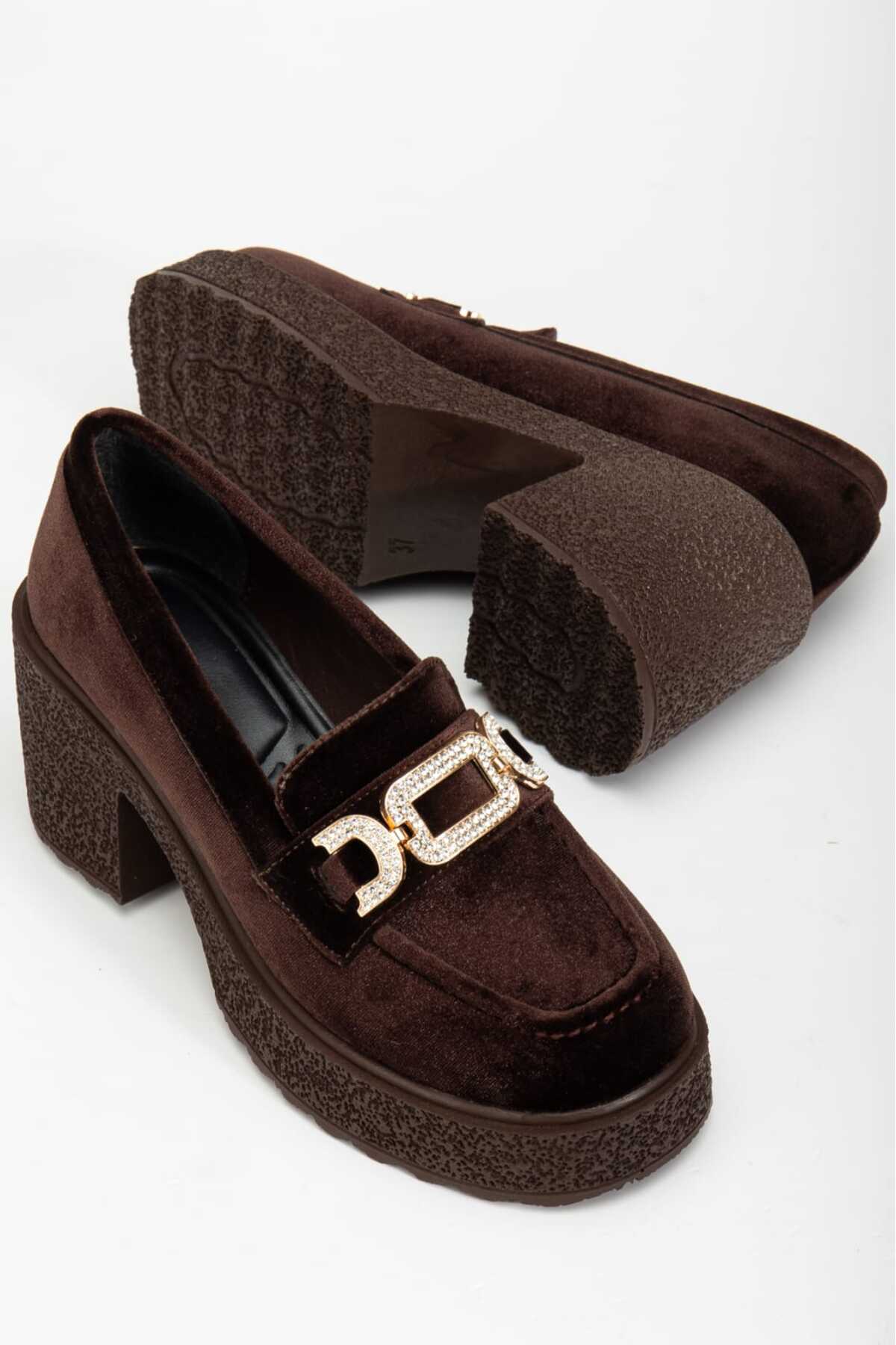 Volly Kahve Kadife Kadın Tokalı Loafer