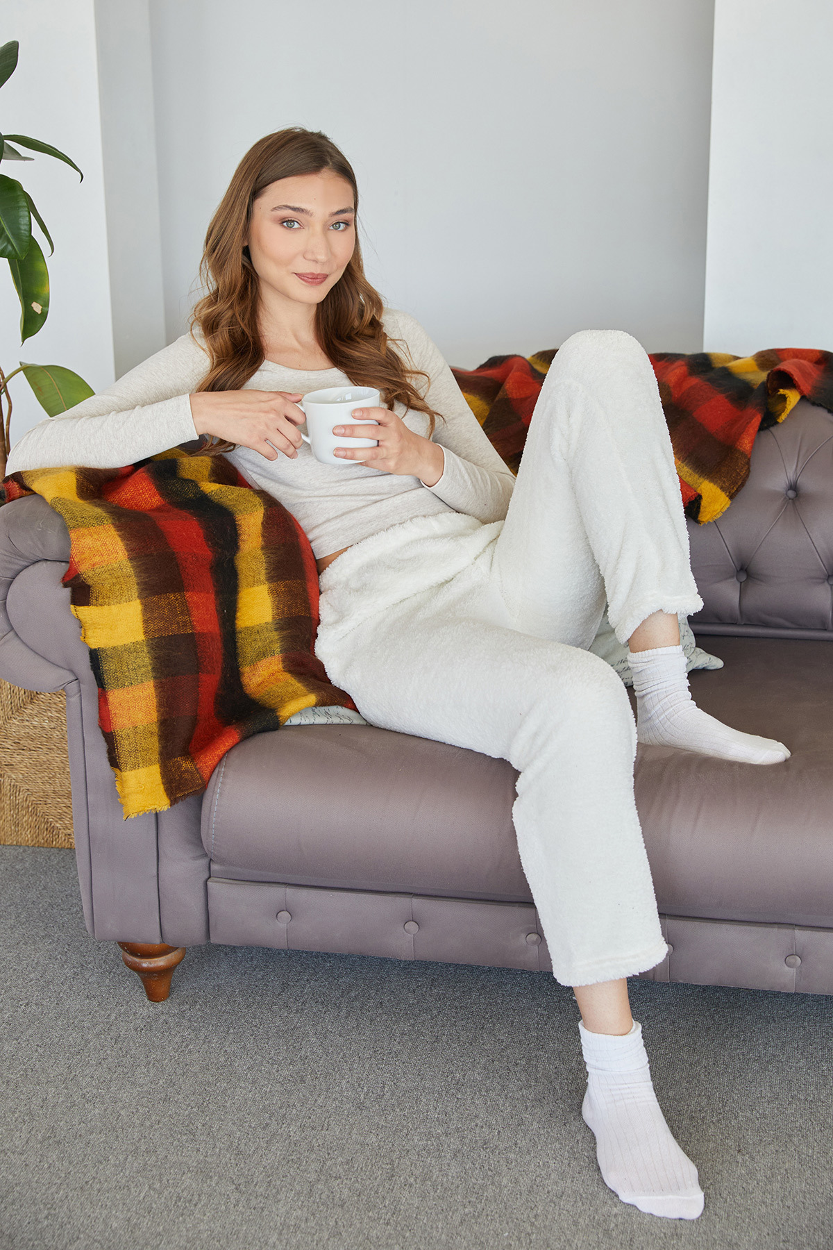 Fulla Moda Beli Lastikli Pelüş Pijama Altı