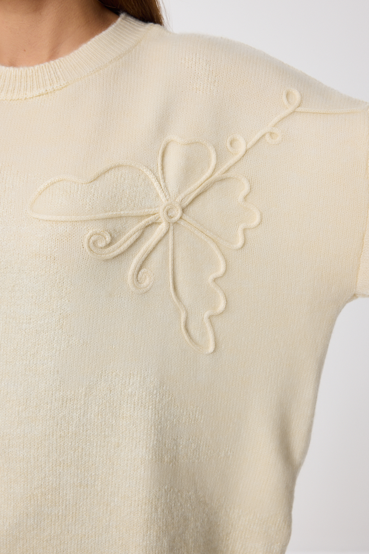 Lovelyİstanbul Çiçek Dokulu Oversize Triko Kazak LPF0113 KREM görsel 4