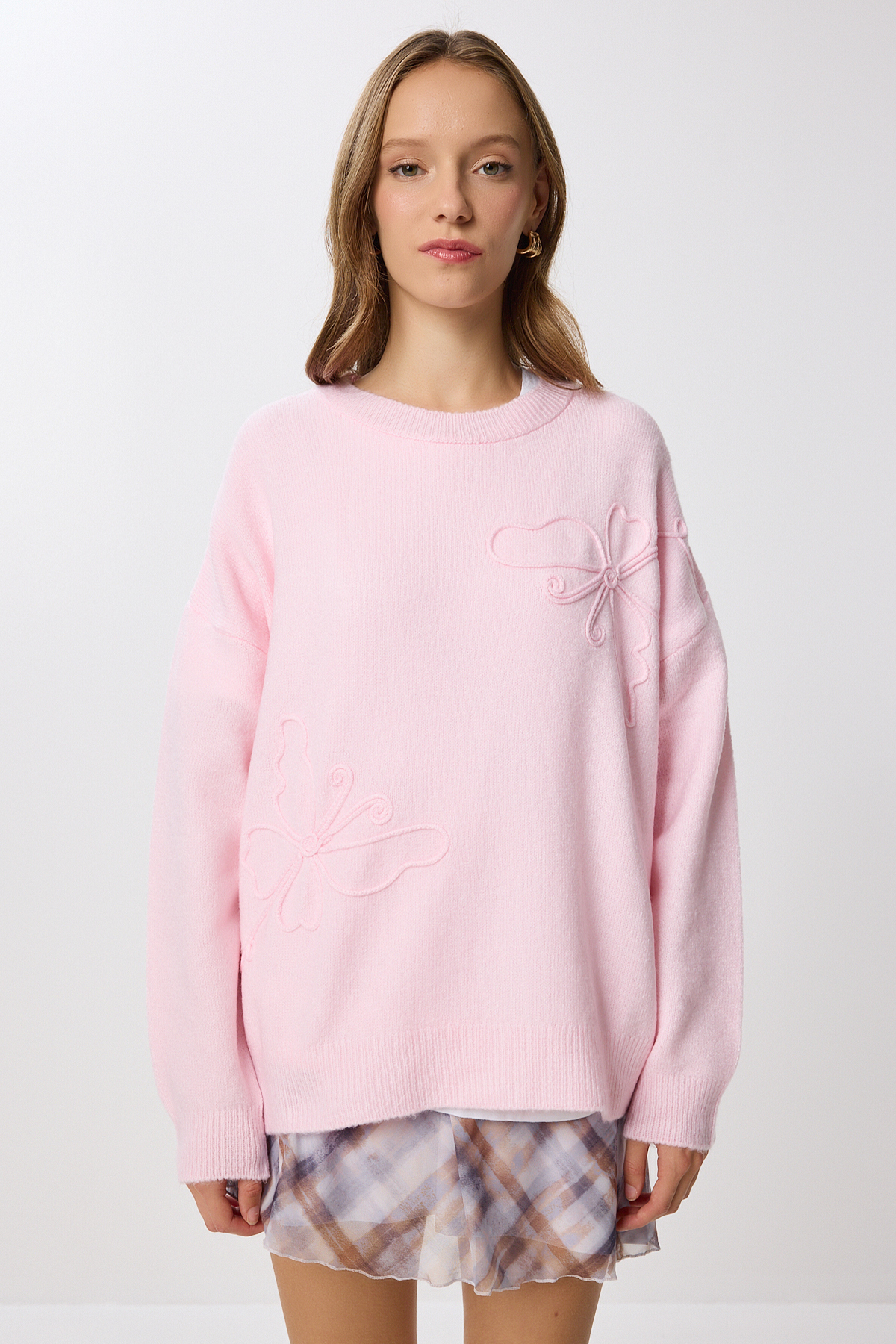 Lovelyİstanbul  Çiçek Dokulu Oversize Triko Kazak LPF0113 PEMBE - Görsel 3