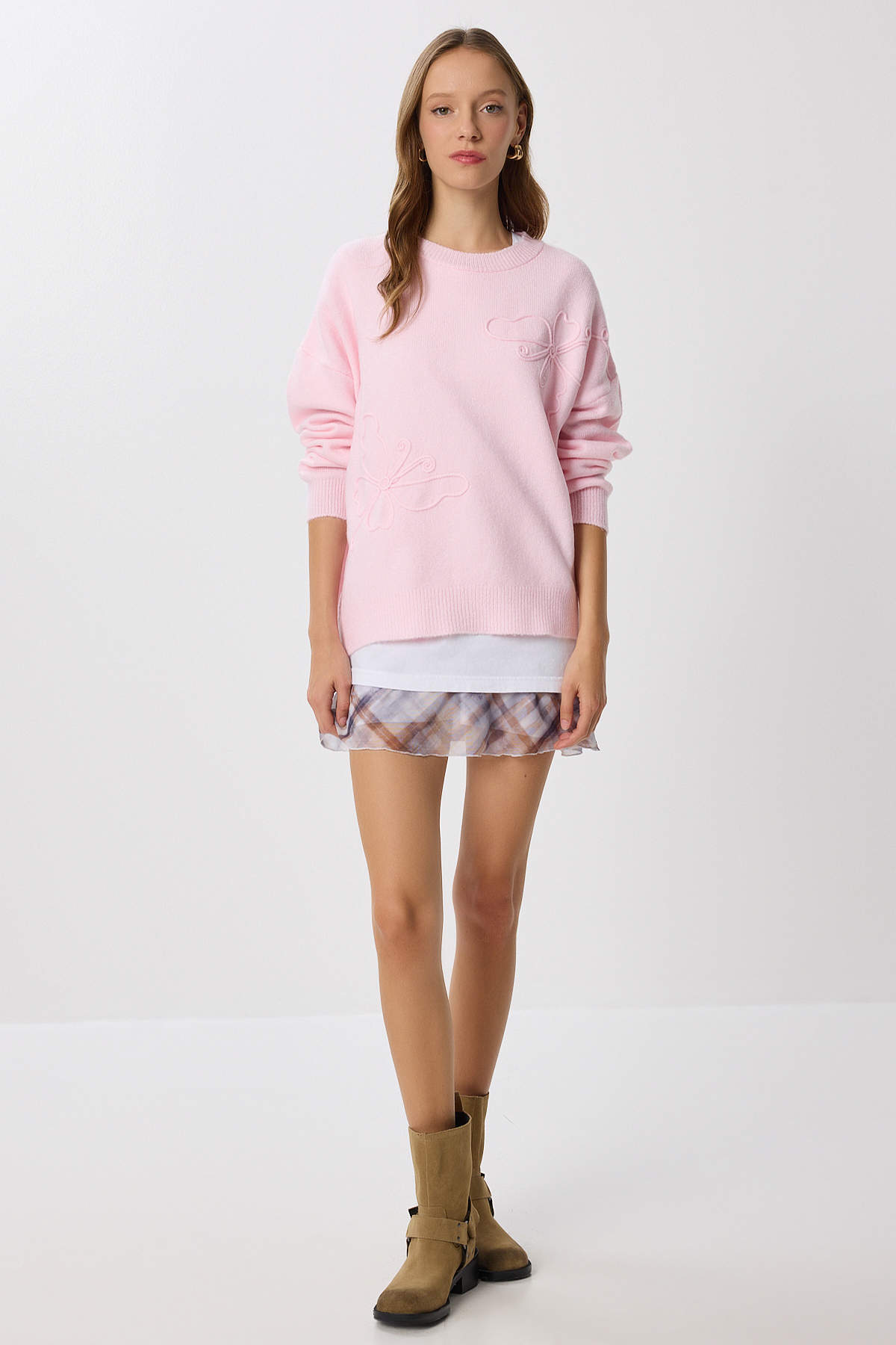 Lovelyİstanbul  Çiçek Dokulu Oversize Triko Kazak LPF0113 PEMBE - Görsel 2