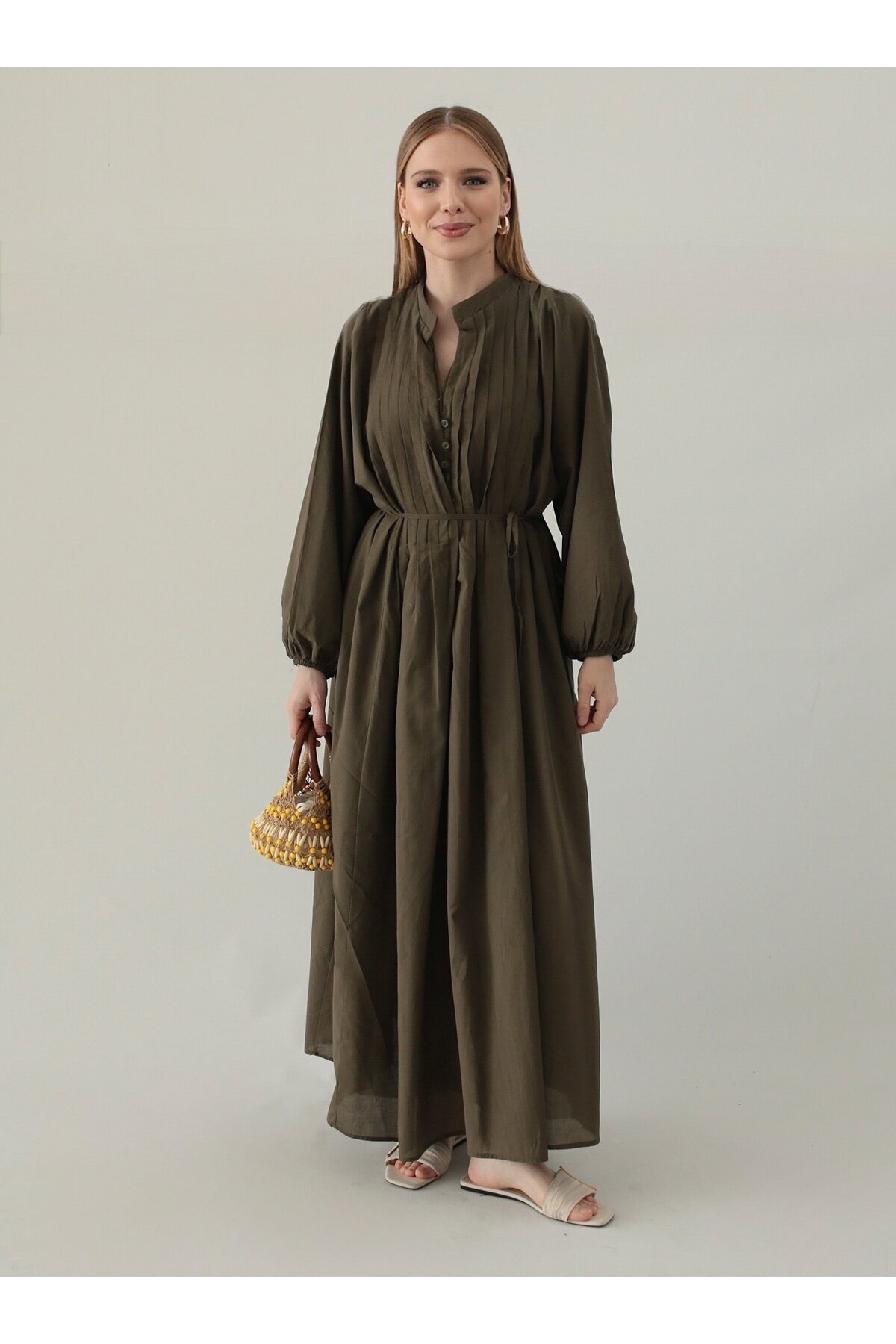 MRS. POLEEN Düğmeli Tesettür Elbise - Haki - MRS POLEEN