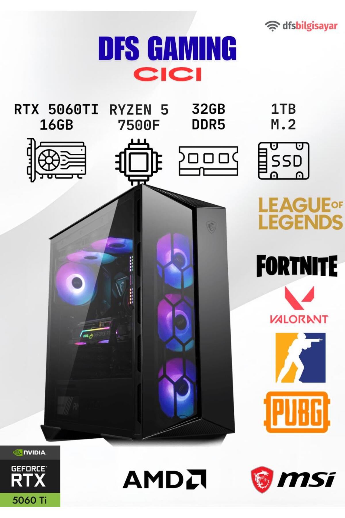 MSI DFS GAMING CICI RYZEN 5 7500F-B650M-RTX 5060 TI 16GB-32GB DDR5