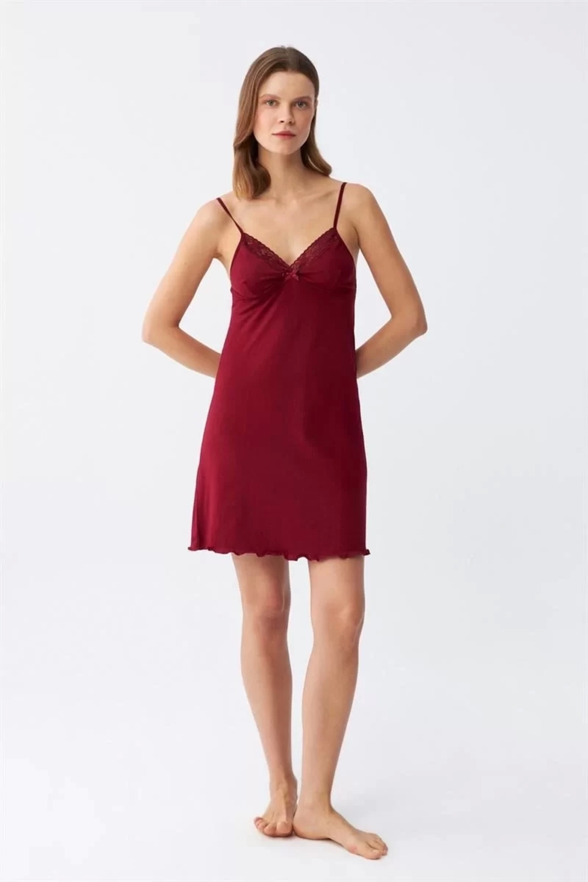 Nemere İp Askılı Penye Gecelik Bordo