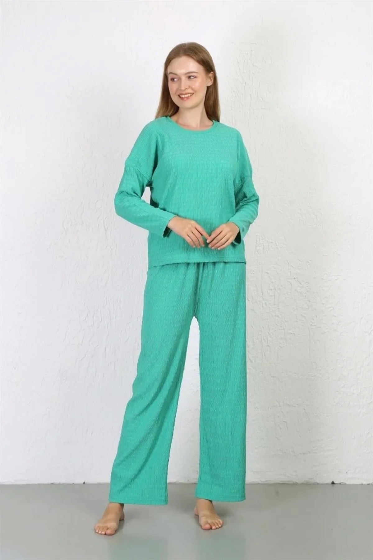 Nemere Kadın Bürümcük Kumaş Pijama Takım Yeşil
