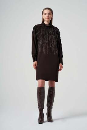 MissWhence Triko Görünümlü Taş Baskılı  Tesettür Tunik Kahve