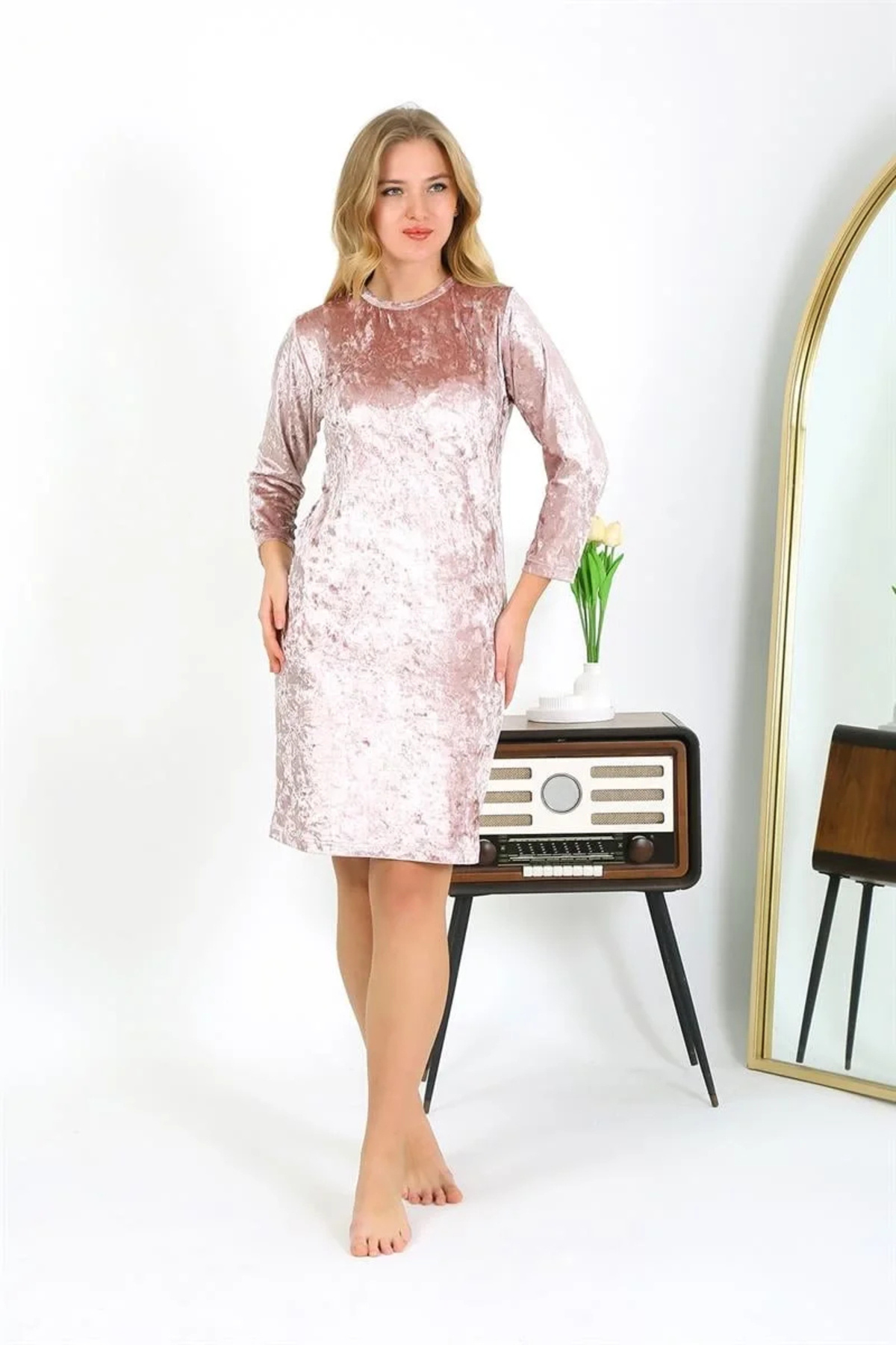 Nemere Kadife Ev Elbisesi Tunik Gecelik Pudra