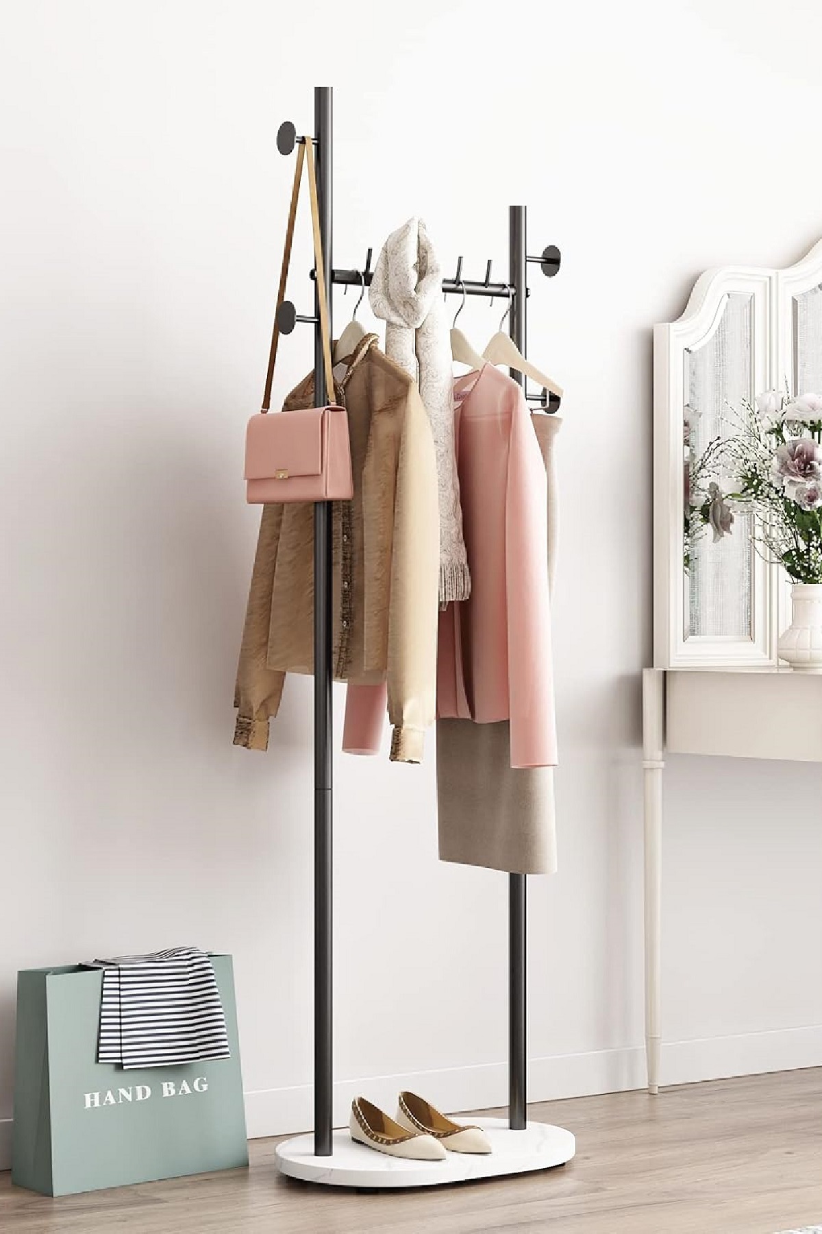 TOLIAHOME Metal İskeletli Ayaklı Askılık Elbise Askısı Portmanto Konfeksiyon Elbise Askılığı (Beyaz-Siyah)