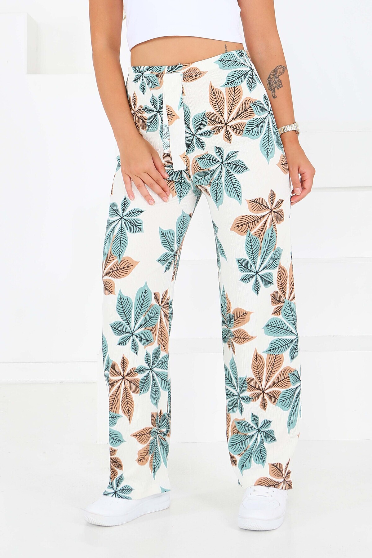 TOFİSA Desenli Beli Lastikli Bürümcük Pantolon Mint - 27680