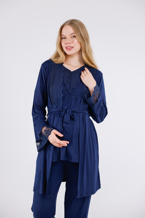 Lohusa Dünyasi Kadın Lacivert Kol ve Yaka Dantelli Lohusa Hamile Sabahlıklı 3...