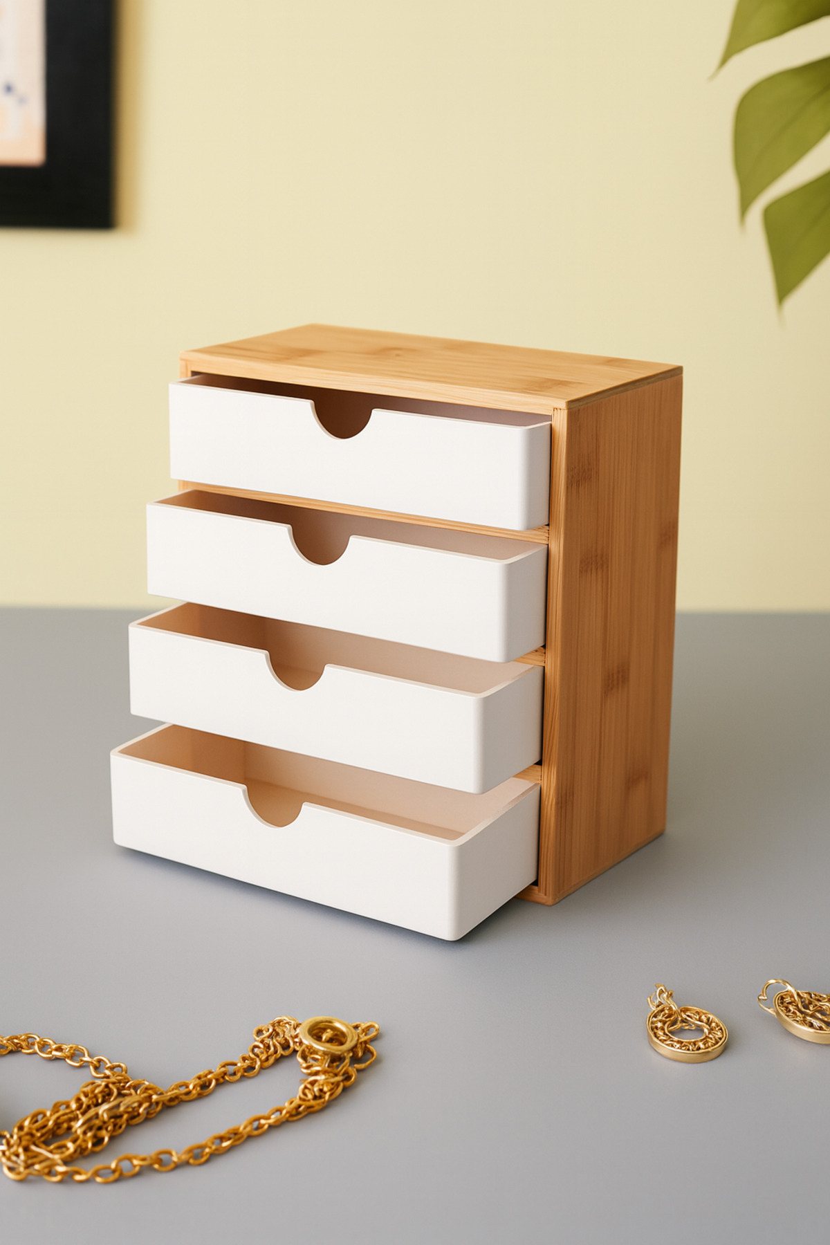 DrBambu 4 Çekmeceli Kozmetik ve Takı Organizer – Doğal Masaüstü Düzenleyici Büyük