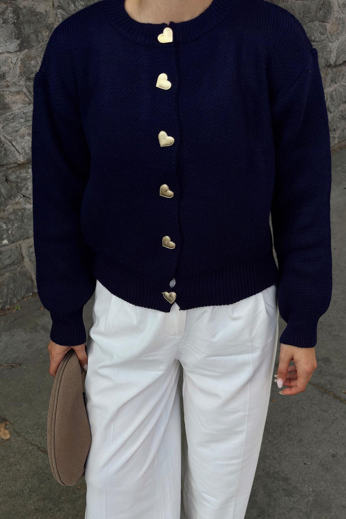 Swist  Lacivert Heart Gold Kalp Düğmeli Kadın Triko Hırka - Görsel 5