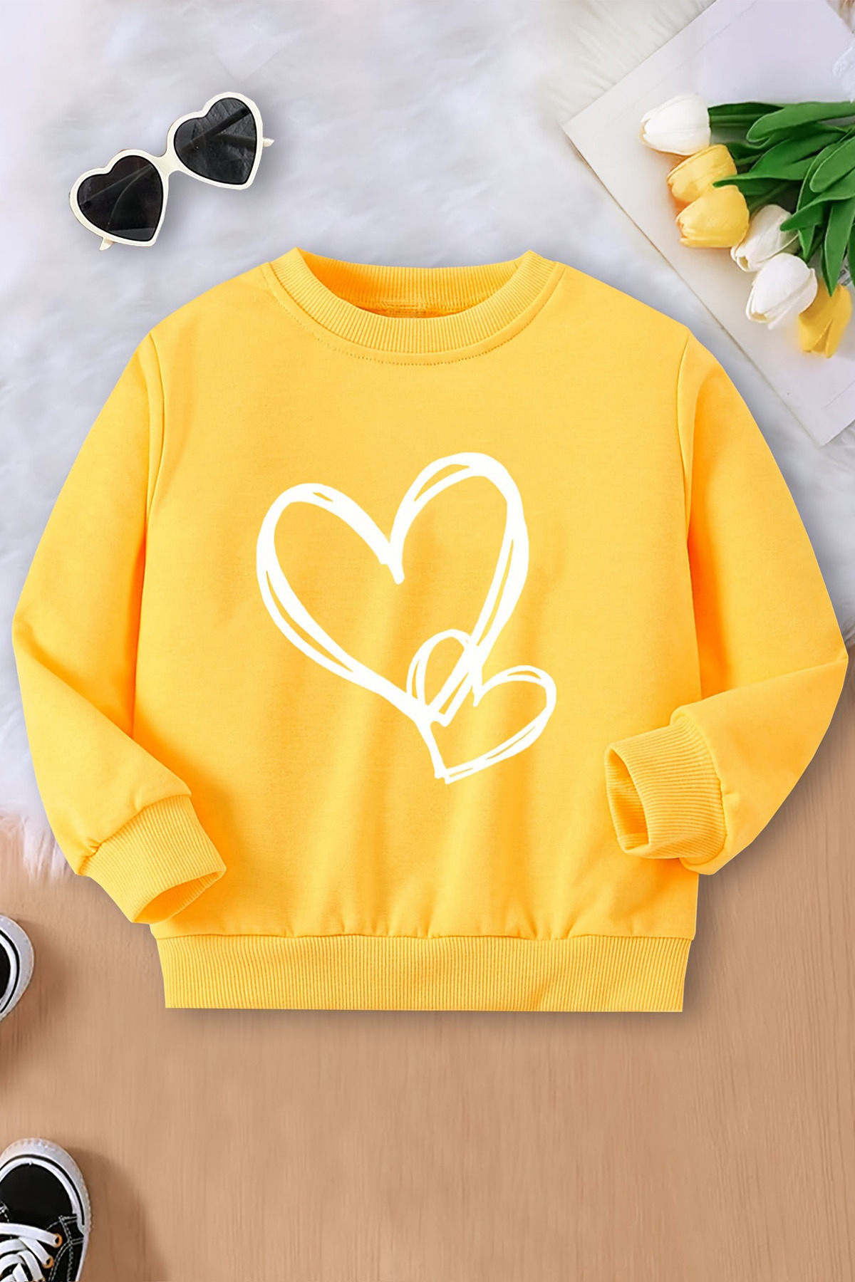 MYADA Kalp Baskılı 3 İplik Premium Bisiklet Yaka Sweatshirt 24524