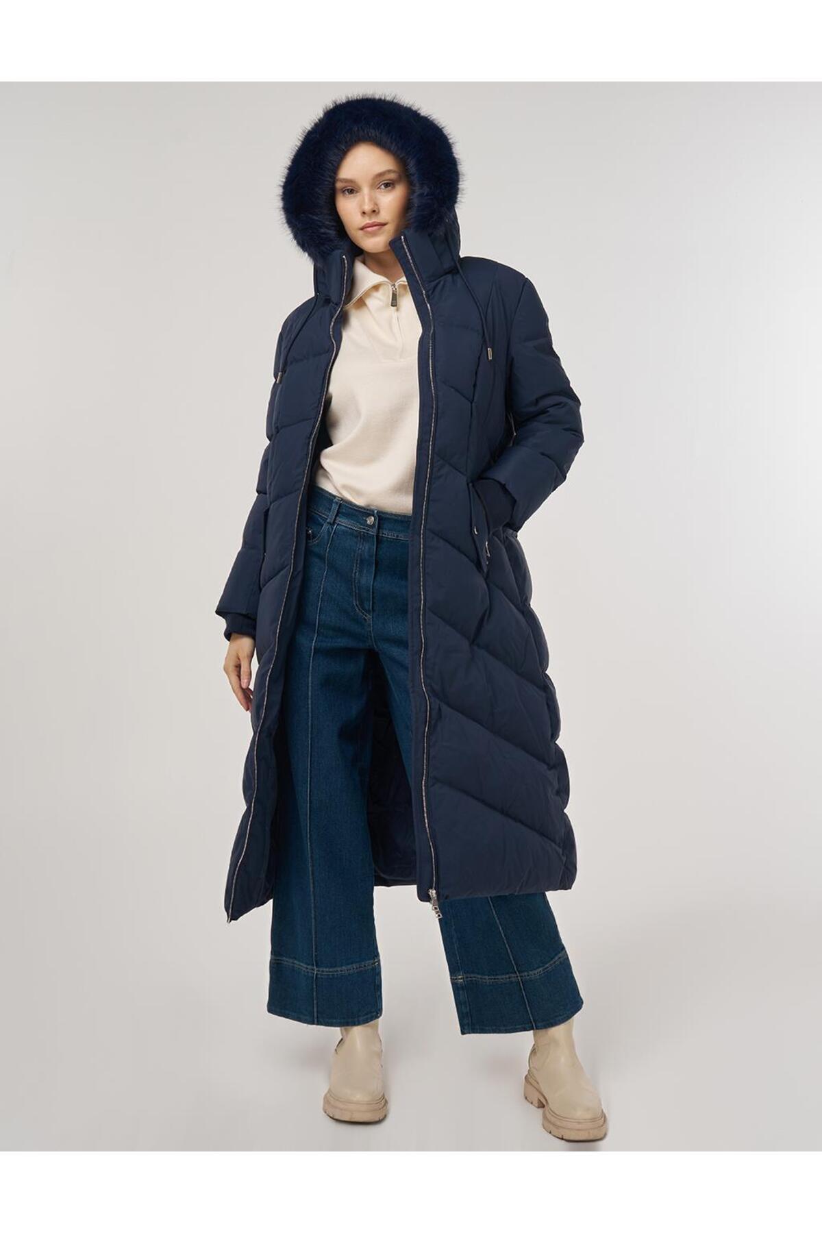 Kayra  Suni Kürk Detaylı Anorak Mont Lacivert
