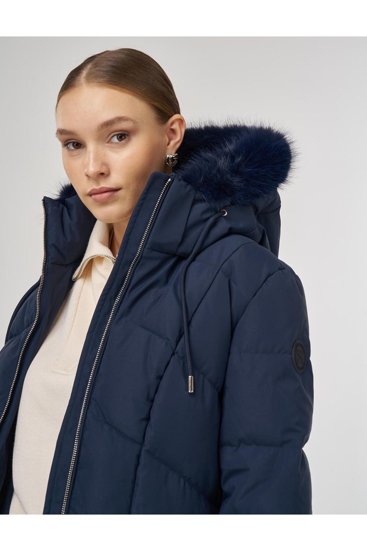 Kayra  Suni Kürk Detaylı Anorak Mont Lacivert - Görsel 7