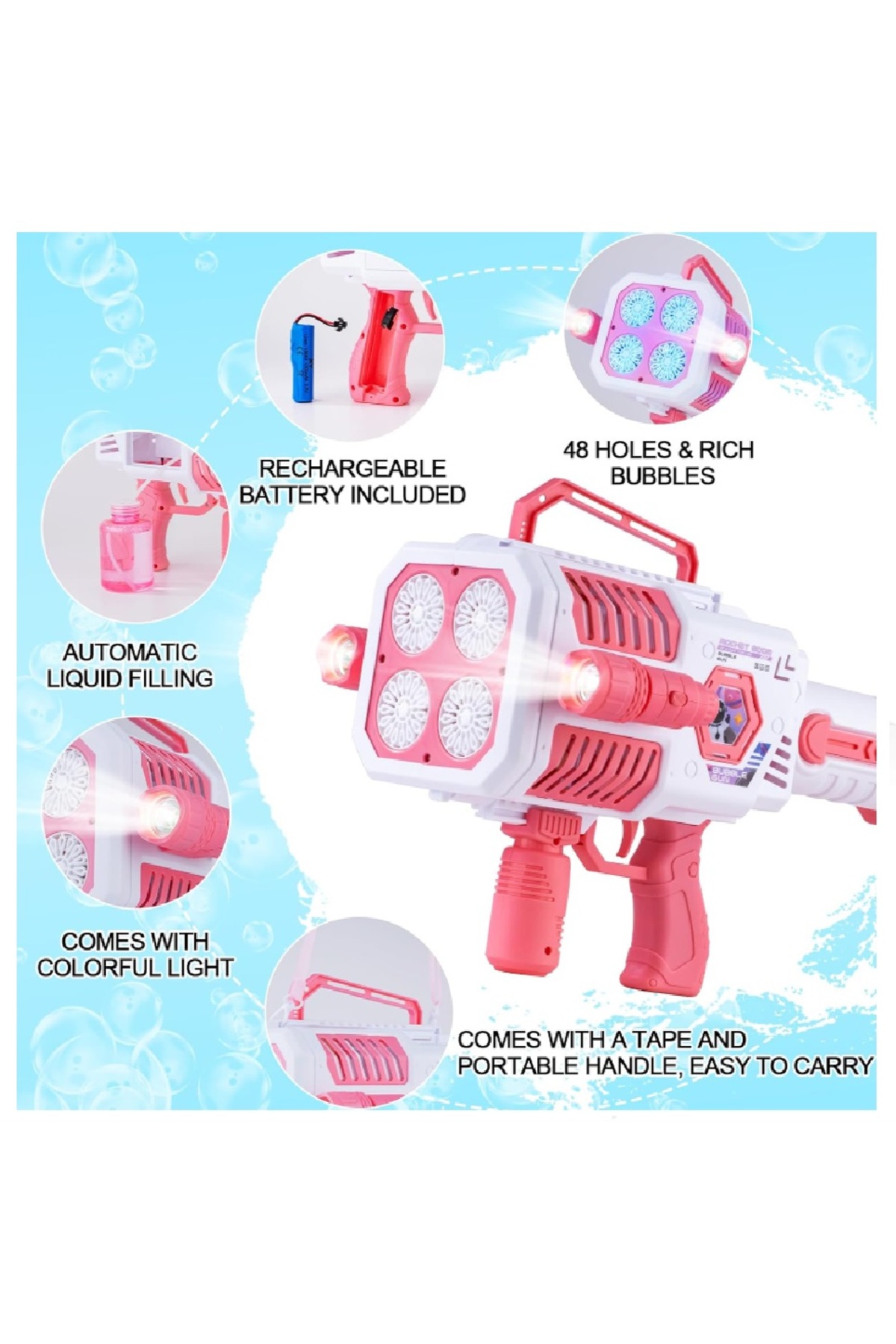 مسدس تصويب الفقاعات أضواء ملونة وحل الفقاعات للأطفال والفتيات ، ديكور داخلي ، مناسبات الزفاف (وردي)