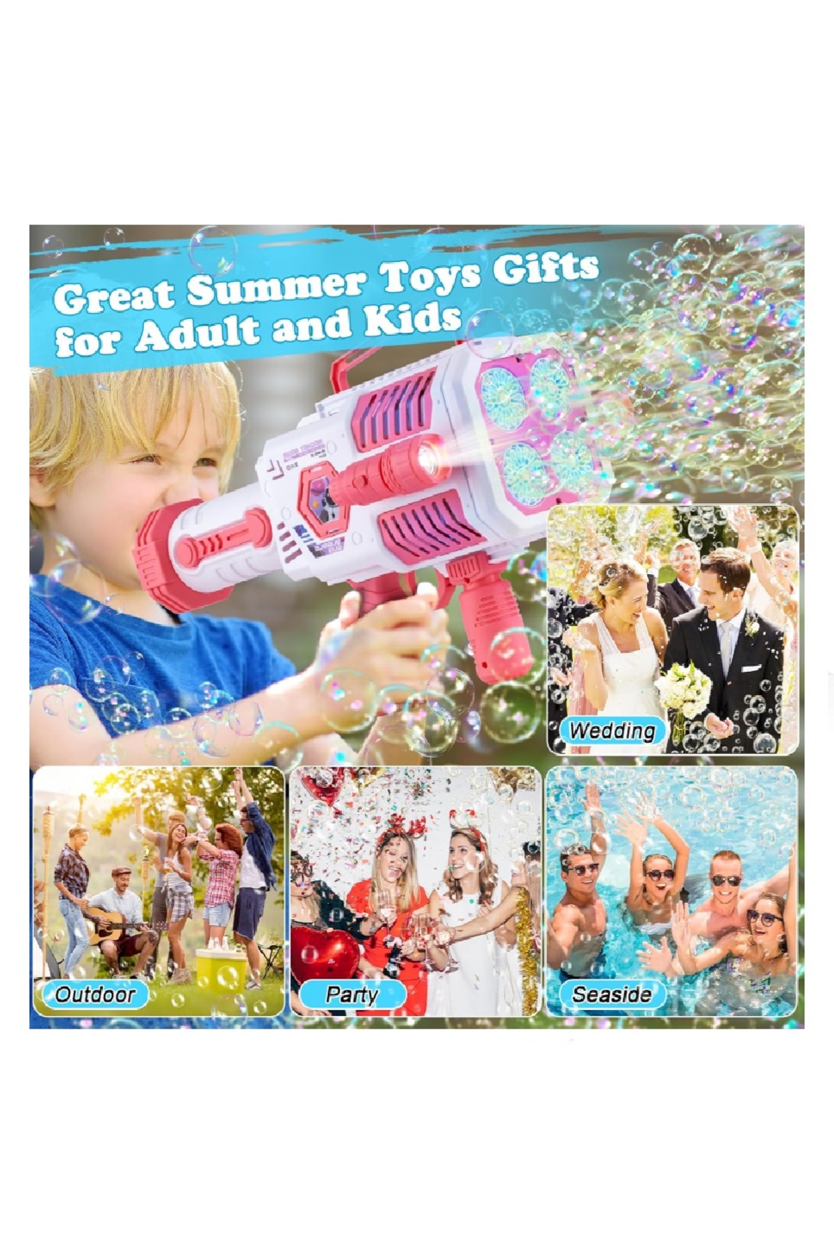 مسدس تصويب الفقاعات أضواء ملونة وحل الفقاعات للأطفال والفتيات ، ديكور داخلي ، مناسبات الزفاف (وردي)
