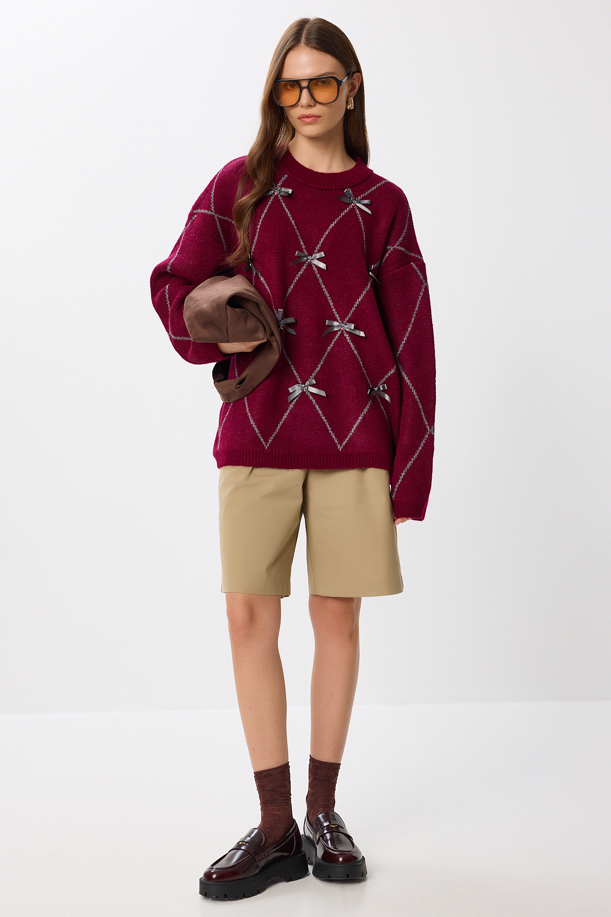 Lovelyİstanbul Fiyonklu Taşlı Oversize Triko Kazak LPF0110 BORDO