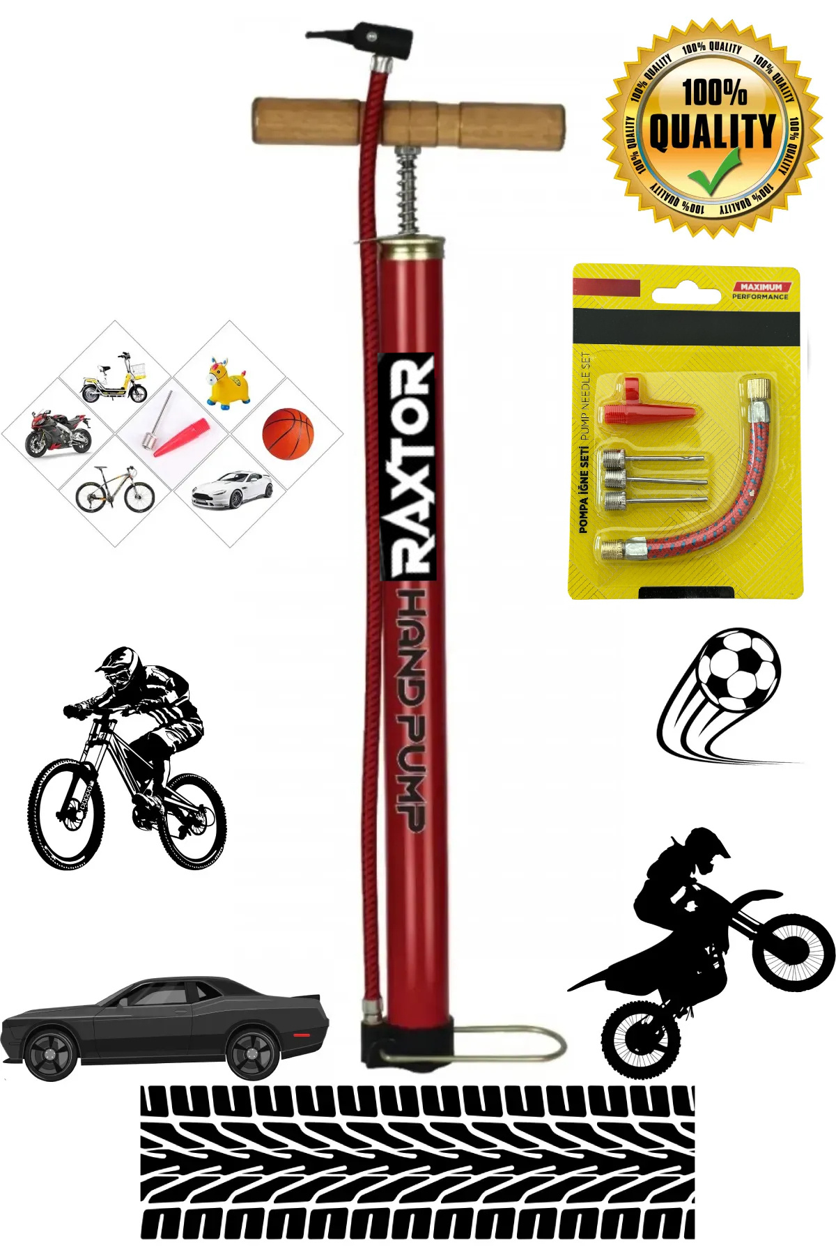 RAXTOR El ve Ayak Hava Pompası Basınçlı Ayak Pompası Lastik Şişirme Pompası El Pompası + Şişirme Seti