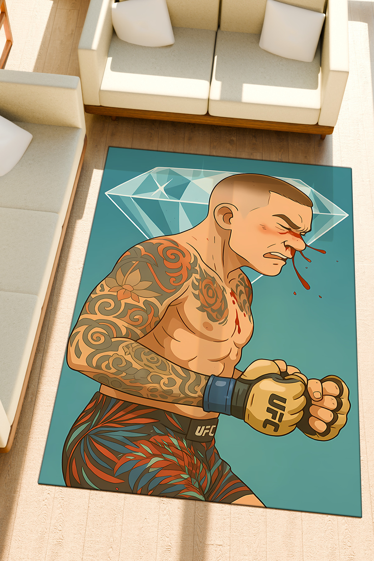 FG Store UFC Animated Dustin Poirier Dijital Baskılı Makinede Yıkanabilir Kaymaz Leke Tutmaz Salon Halısı