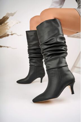 Difolia Kadın Körüklü Uzun Çizme - Büzgülü Topuklu Günlük Kışlık Bot