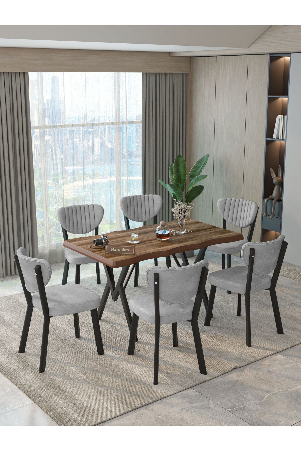 Hardalım Consept Mdf Kütük Masa 140x80 Elma Sandalye 6 Adet Babyface Kumaş Mutfak Masası Yemek Masası