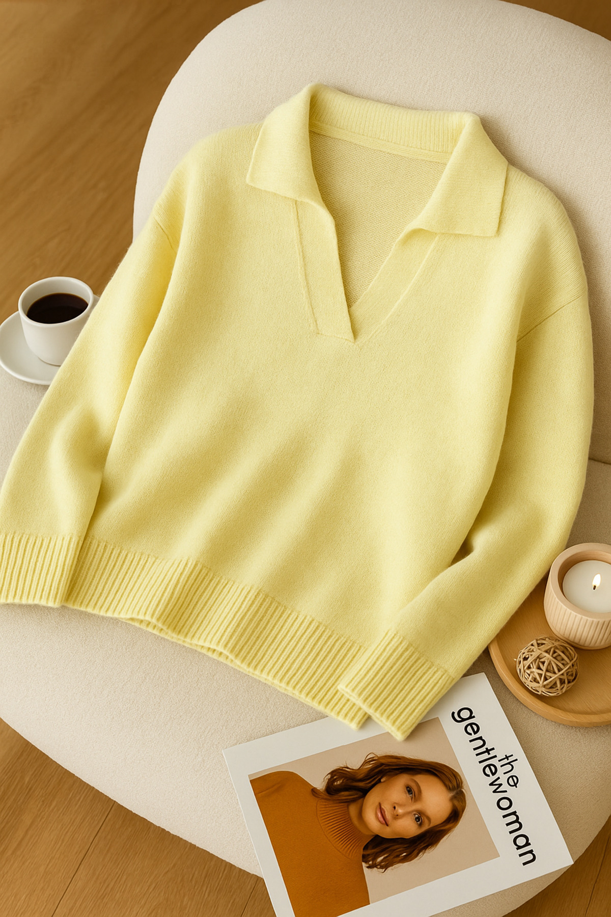 FEMELLE Sarı Kadın Polo Yaka Oversize Triko Kazak - Standart Beden Yumuşak Dokulu