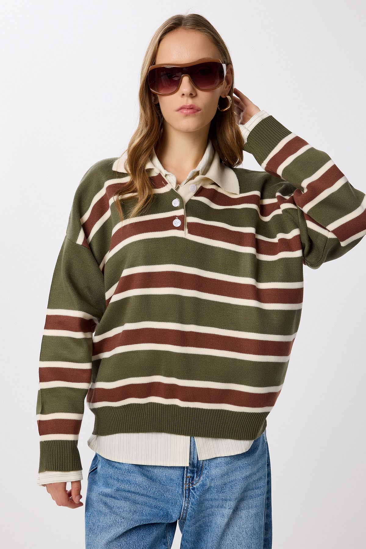 Lovelyİstanbul Polo Yaka Çizgili Triko Kazak LMW0024 HAKİ KREM görsel 2