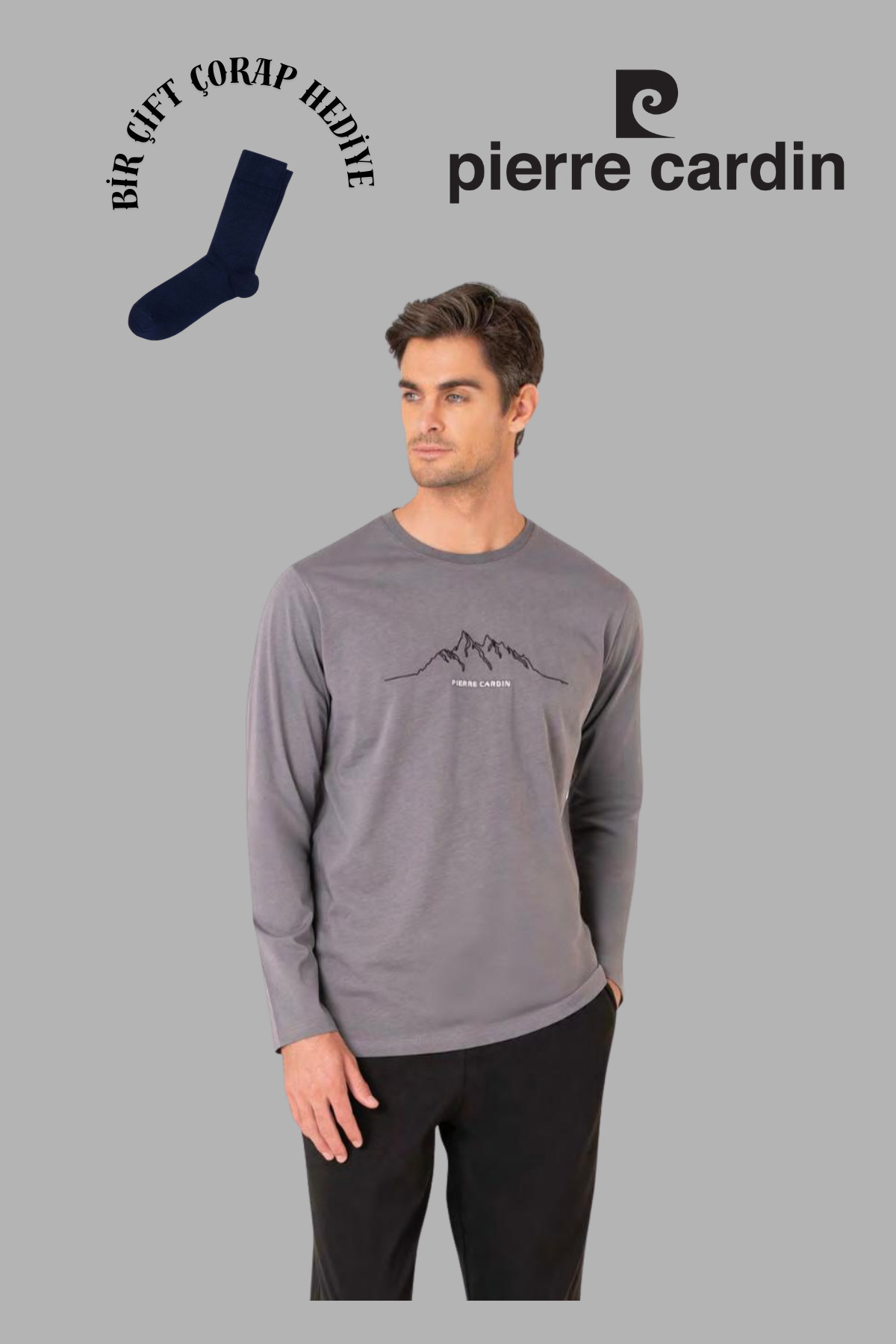Pierre Cardin Erkek Koyu Gri Uzun Kol Pamuklu Pijama Takımı 1 Çift Çorap Hediyeli