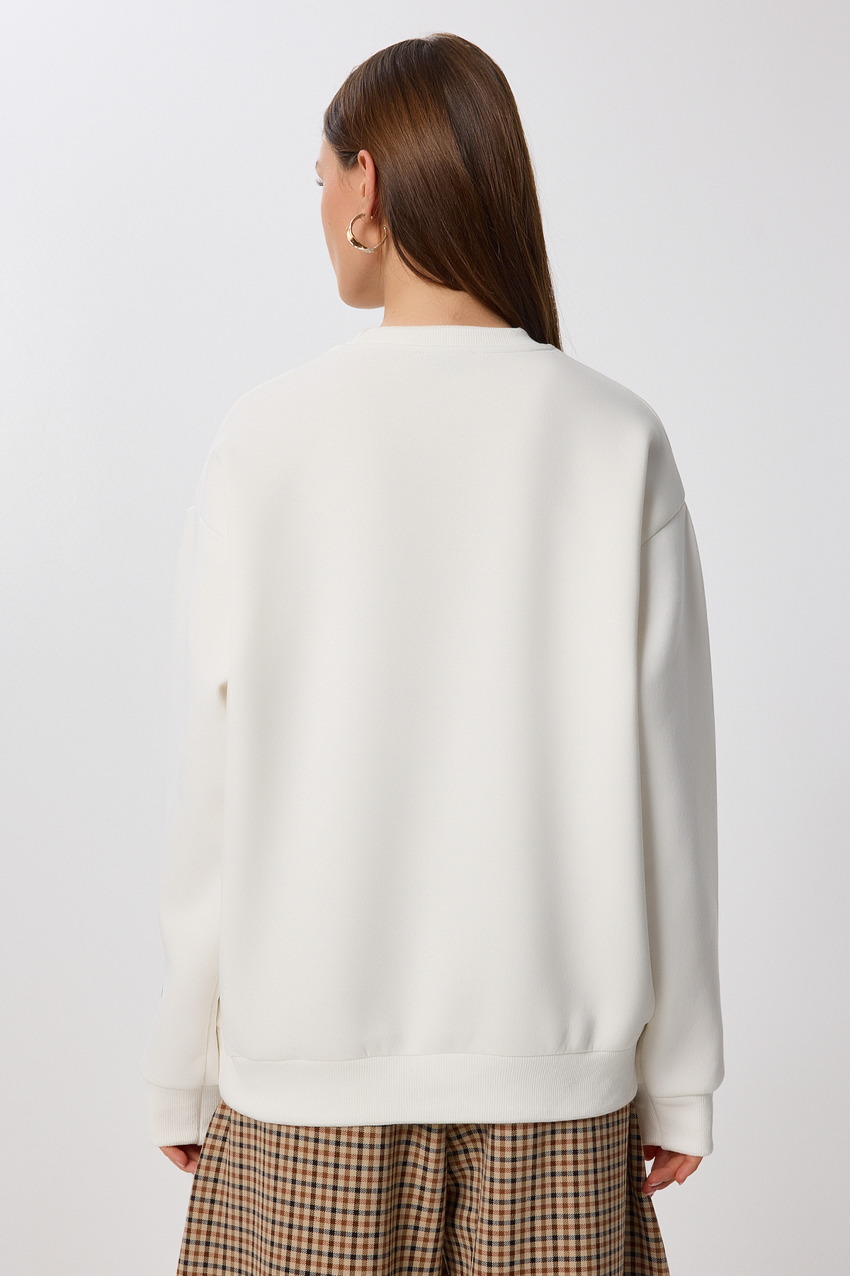 Lovelyİstanbul Leopar Baskılı Oversize Şardonlu Örme Sweatshirt LAN0068 KEMİK görsel 5