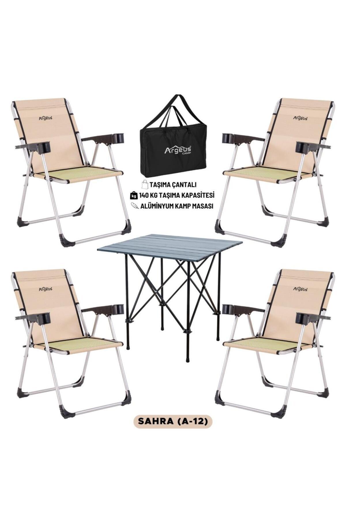 ARGEUS 4 Adet Katlanır Kamp Sandalyesi ve Alüminyum Masa Seti - Rock Dark - Sahra - Taşıma Çantalı