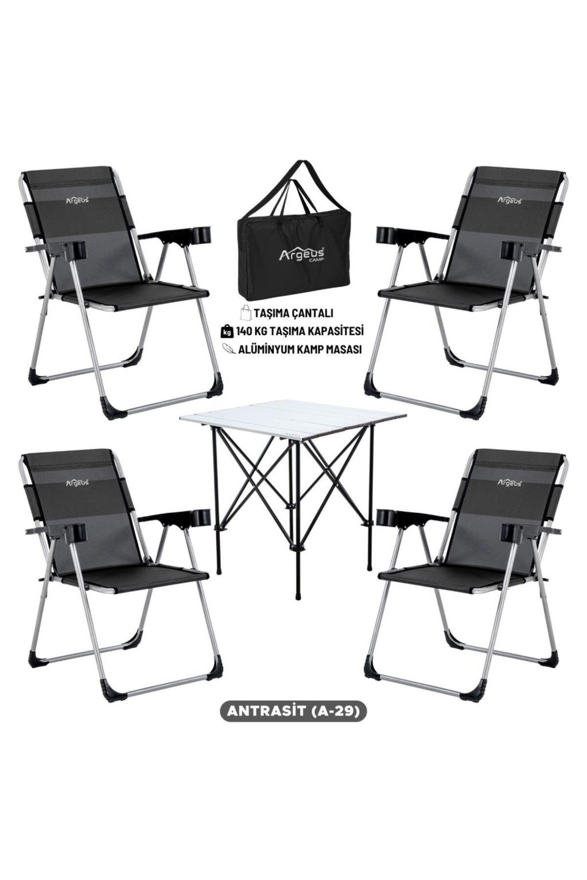 ARGEUS 4 Adet Katlanır Kamp Sandalyesi ve Alüminyum Masa Seti - Rock Silver - Antrasit - Taşıma Çantalı