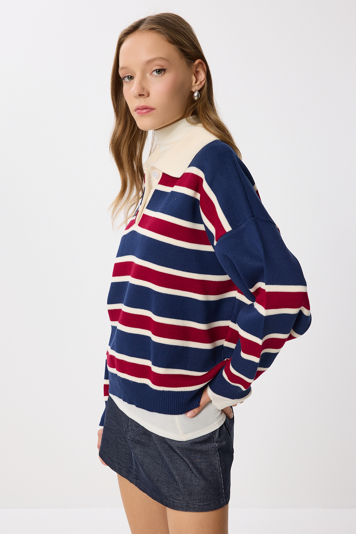 Lovelyİstanbul  Polo Yaka Çizgili Triko Kazak LMW0024 LACİVERT BORDO - Görsel 2