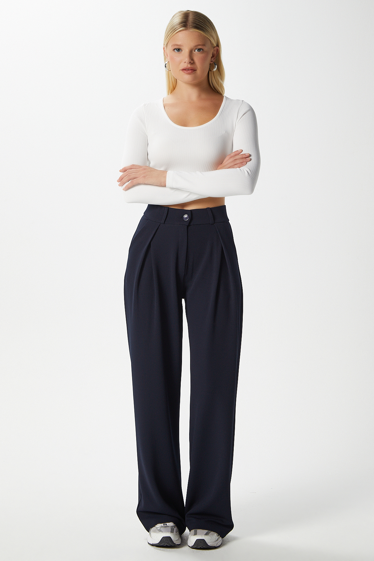 Ritnice  Likra Serisi Viora Açık Pile Esnek Lacivert Palazzo Pantolon - Görsel 4